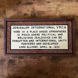 Vintage Jerusalem Pottery Tile Wall Plaque YMCA Peace Unity Quote Wood Frame